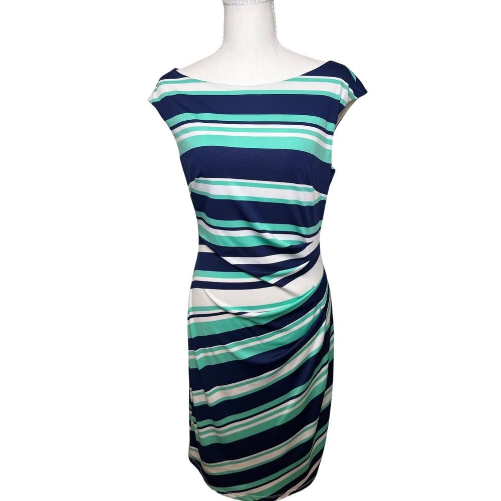 Dressbarn Navy Mint White Striped Ruched Sheath Dress Cap Sleeve Career